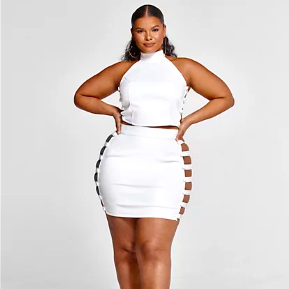 Two piece Faux Leather Side Cutout Halter Top & Mini Skirt